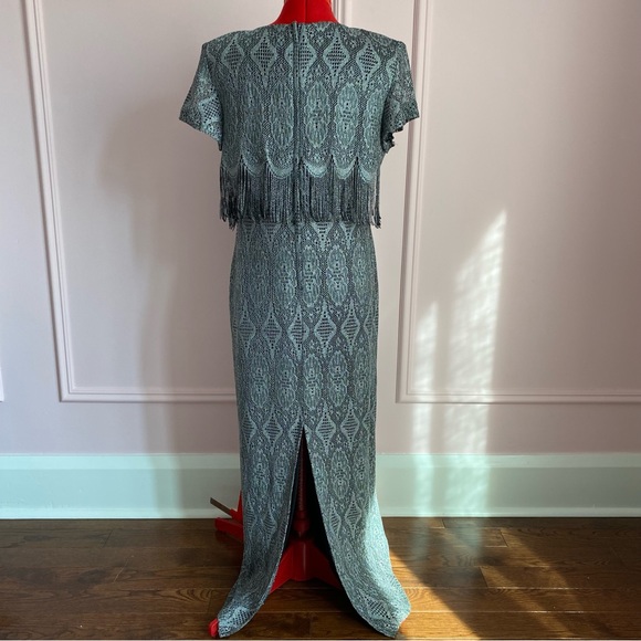 Vintage CARTISE Dress, Silver Crochet Knit, Maxi, Fringe, Black Lining, (US M) - Picture 7 of 16